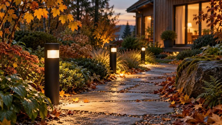 Садовая дорожка с тёплым светом небольших уличных светильников