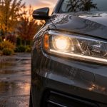 Чистая автомобильная фара с включённым светом в осенних сумерках