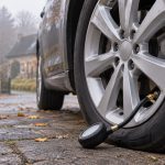 Манометр со шлангом у вентиля автомобильного колеса осенним утром