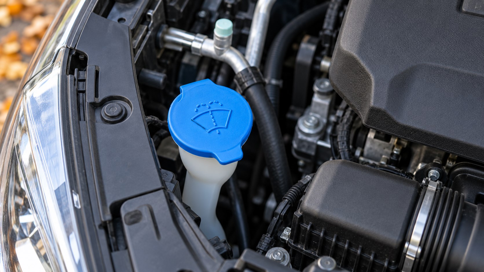 Закрытая крышка горловины бачка стеклоомывателя под капотом