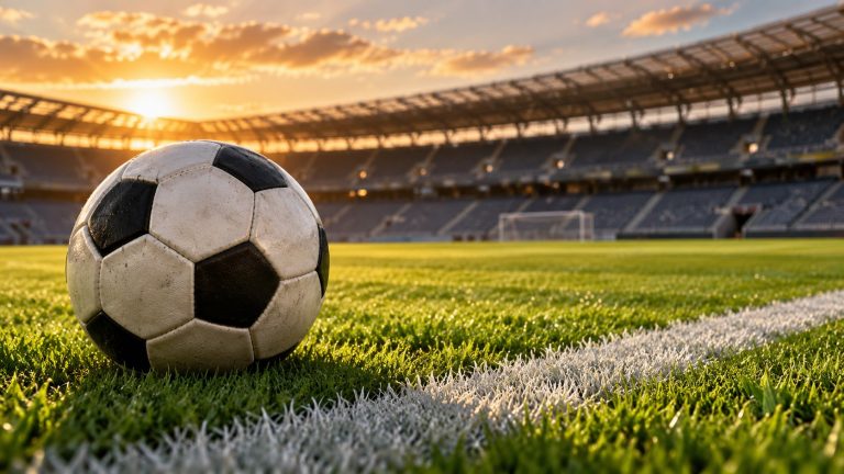 Футбольный мяч на траве рядом с белой боковой линией